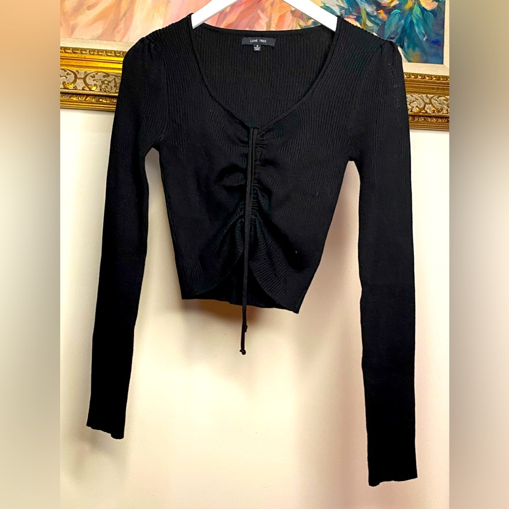 Black V Neck Top with Ruched Adjustable Front size Small